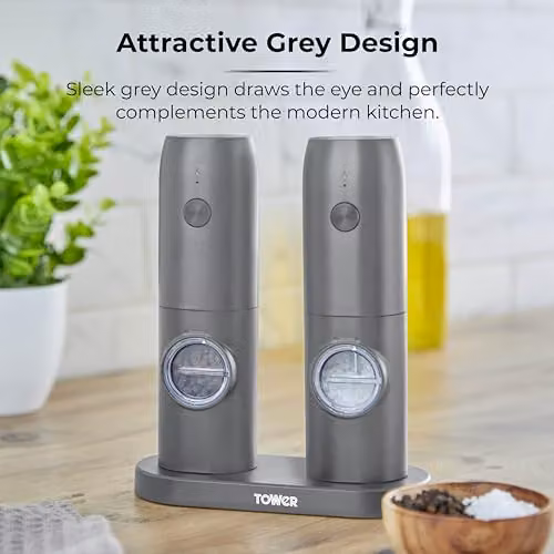 Tower Rechargeable Electric Salt and Pepper Mills with Adjustable Ceramic Grinders in Grey Stainless Steel – 5