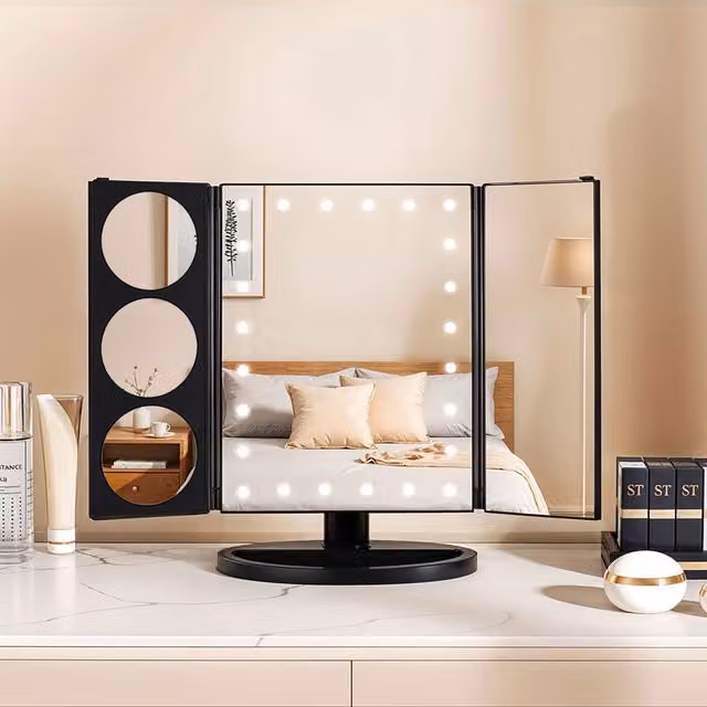 Livingandhome Tri-Fold Makeup Mirror with LED Lights, Black