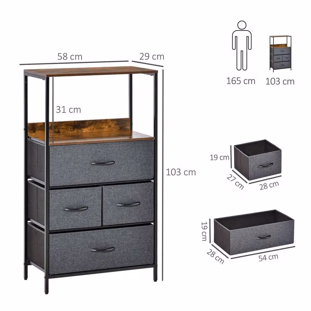 NESTLUNE Grey 4 Drawer Storage Chest Unit with Shelves and Metal Frame, W: 100 cm, D: 15 cm – 2
