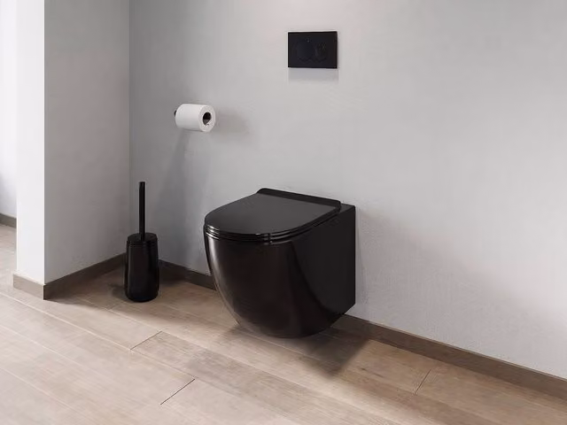 Vente-unique Javoine Rimless Gloss Black Ceramic Wall-Hung WC with Soft Close Seat W/D/H: 53.5 x 36.0 x 29.0 cm – 1