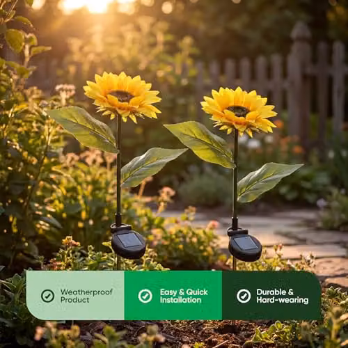 Gardenwize Pack of 4 Solar LED Sunflower Stake Lights in Yellow and Multicolour with Dusk Sensor and Ground Spike – 5