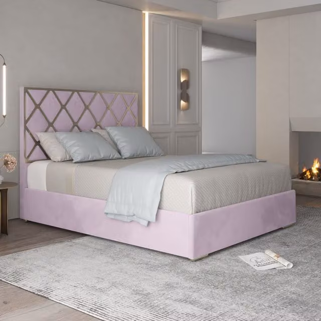 Casani Tammy Upholstered Velvet Metal Bed Frame in Pink, W/D/H: 140 x 200 x 127 cm