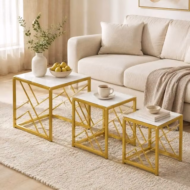 STILVORA Set of 3 Modern Square Nesting Tables with White Glossy MDF Tops and Metal X-Frame, W/D/H: 48 x 48 x 45 cm, 48 x 45 x 48 cm, 48 x 30 x 45 cm – 1