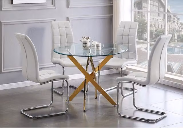 FurnitureboxUK Novara Gold Metal Round Glass Dining Table and 4 Murmur White Dining Chairs