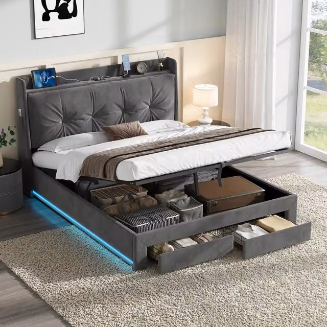 Aosom UK Double Ottoman Upholstered Bed Frame with Hydraulic Storage and Headboard, Grey, W: 138 cm, D: 203 cm, H: 111 cm