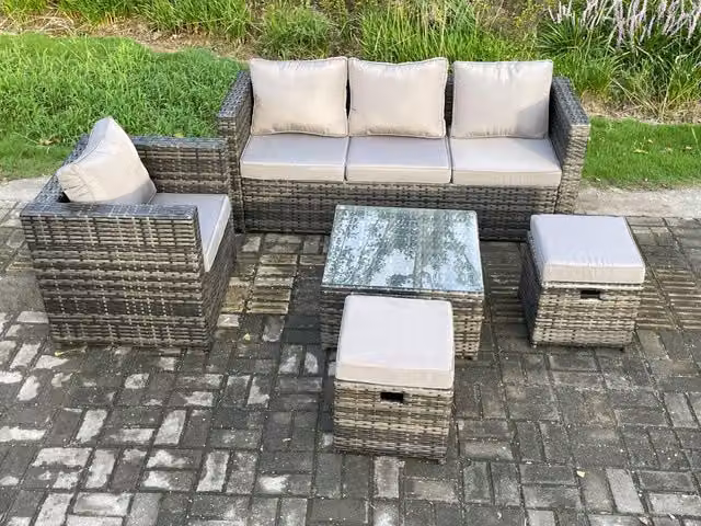 Fimous 5 Piece Outdoor Lounge Sofa Set in Dark Grey with PE Rattan, Upholstered Cushions and Coffee Table
