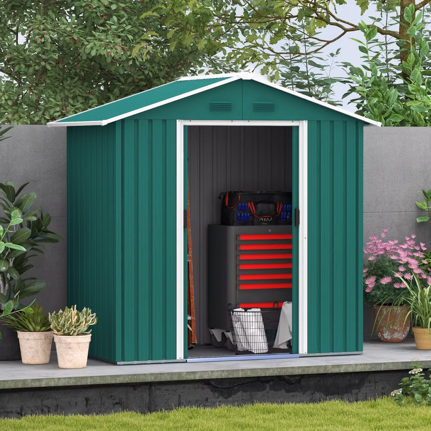 Outsunny Green Galvanised Steel Metal Garden Storage Shed with Double Sliding Doors and Side Vents, W: 200 cm, D: 106.68 cm, H: 180 cm – 2