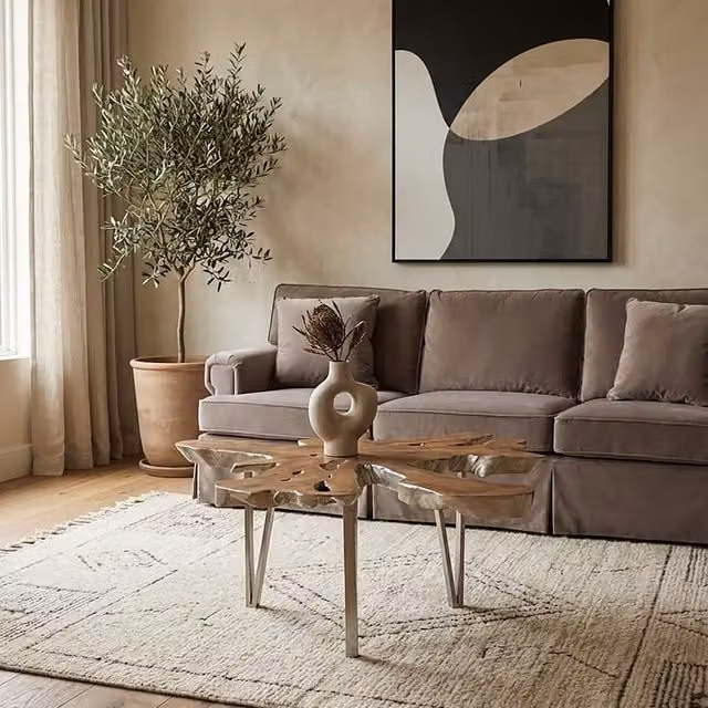 Orsina Star Top Coffee Table with Teak Wood Live Edge and Silver Metallic Base