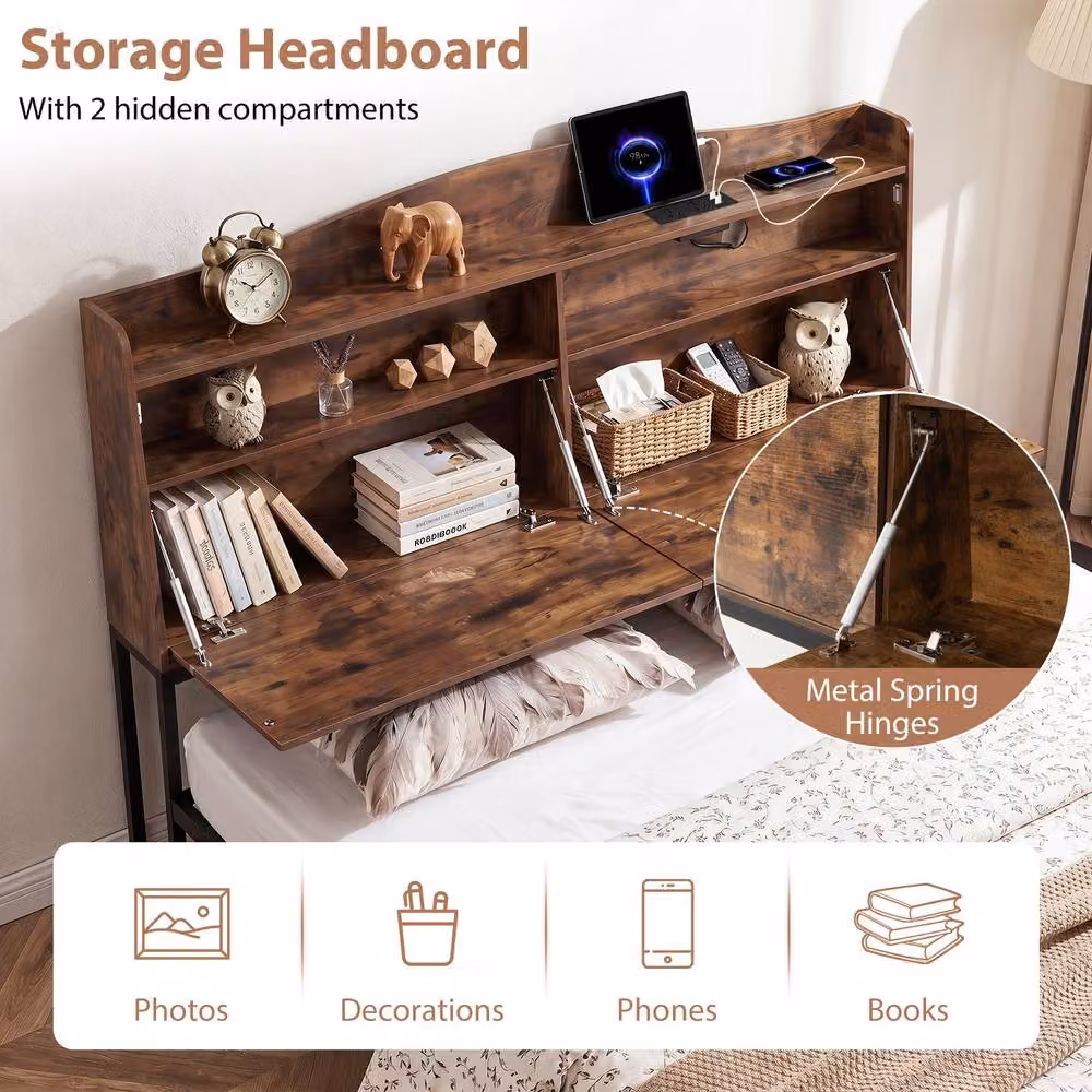 Costway King Size Industrial Metal Platform Bed Frame with USB Charging Station and Side Compartments, Brown, W/D/H: 180 x 200 cm – 4