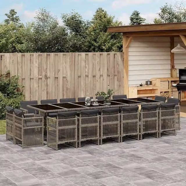 Berkfield Home 17 Piece Grey Poly Rattan Garden Dining Set with Cushions and Glass Tabletop