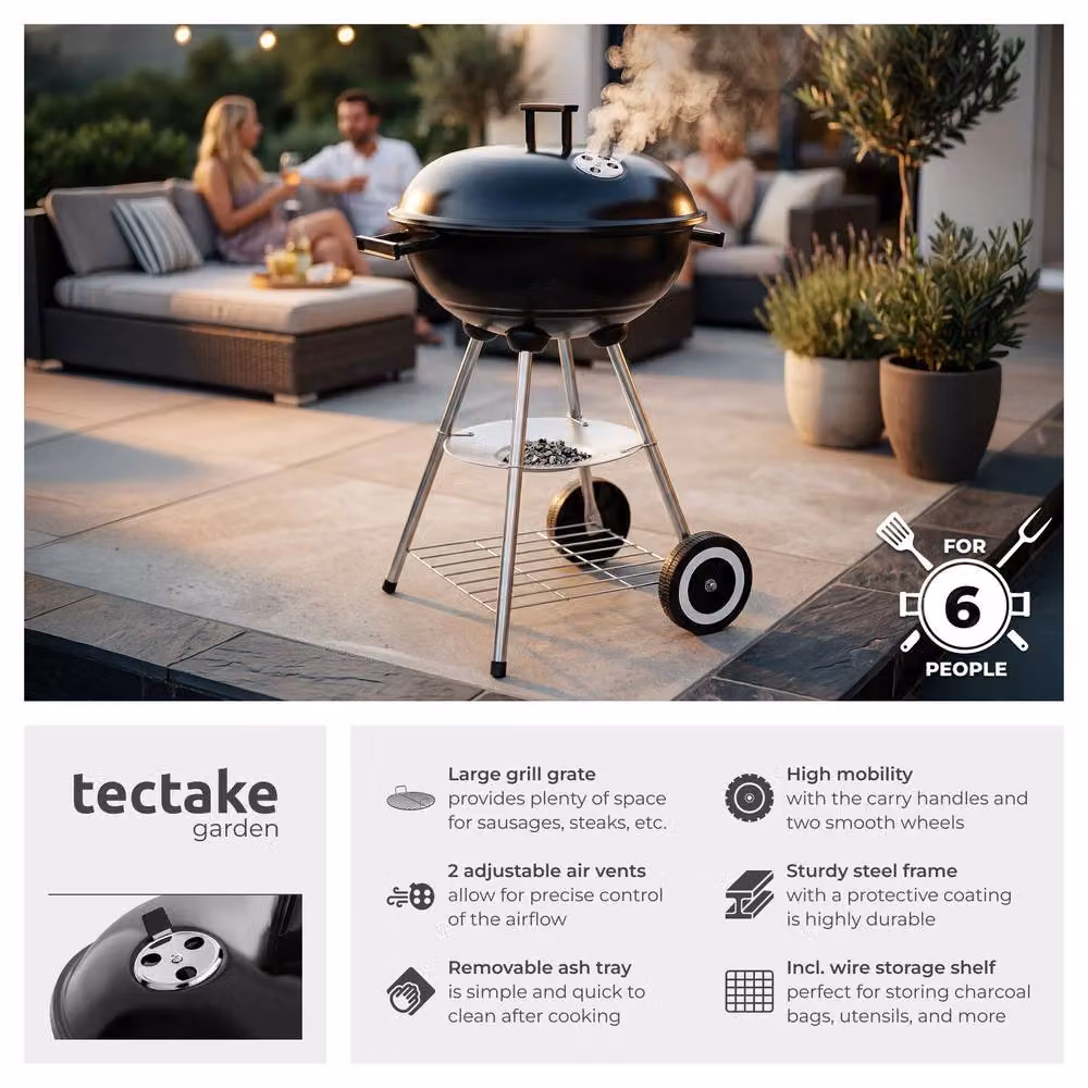 tectake Charcoal Kettle Grill in Black and Multicolour with 2 Wheels and Removable Ash Tray, Diameter: 41.5 cm – 2