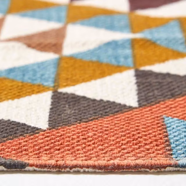 Homescapes Oslo Cotton Diamond Pattern Woven Rug in Multicolour and Orange, 150 cm