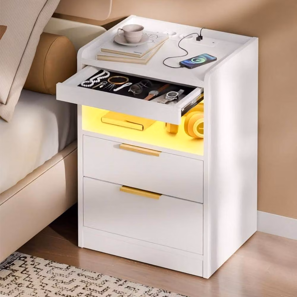 Ventryn Mondeer White Glossy LED Bedside Table with Hidden Drawer and Integrated Lighting – 4