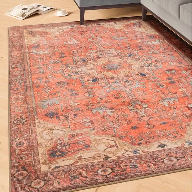 The Rug House Coral Distressed Washable Oriental Vintage Area Rug, Multicolour Beige and Orange, W: 120 cm, L: 170 cm