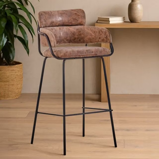 Orsina Tamzin Brown Faux Leather Bar Chair with Armrests and Gold Metal Accents