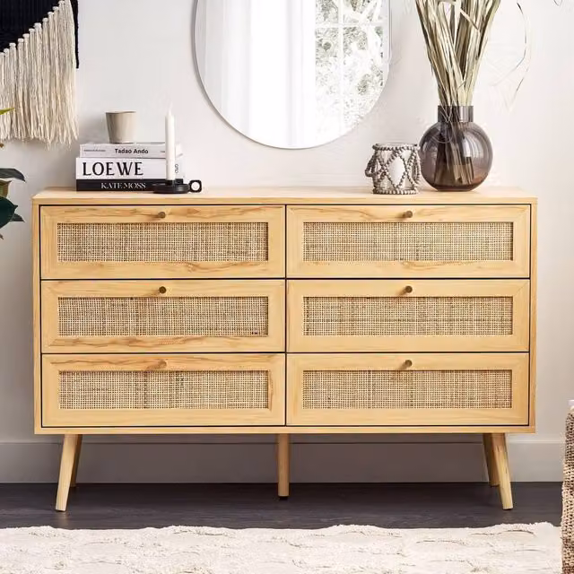 Wyld and Coco Light Brown 6-Drawer Chest with Rattan Fronts – 1
