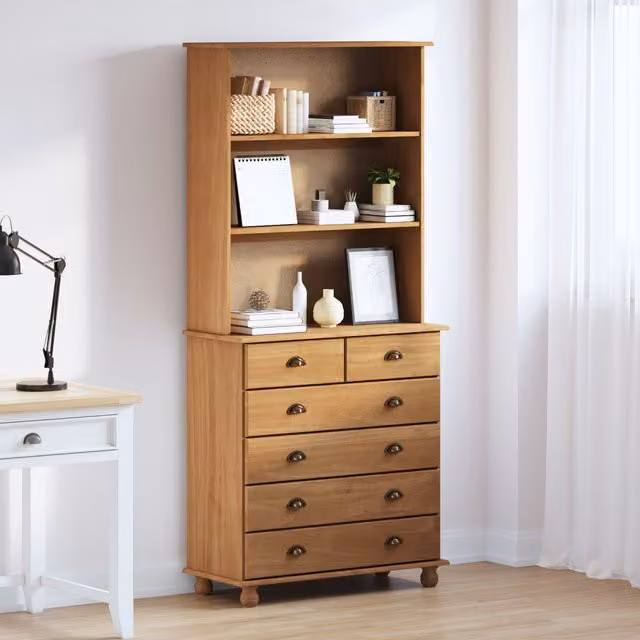 Berkfield Home ASKIM Hutch in Honey Brown Solid Wood Pine, W/D/H: 91 x 40 x 199.5 cm