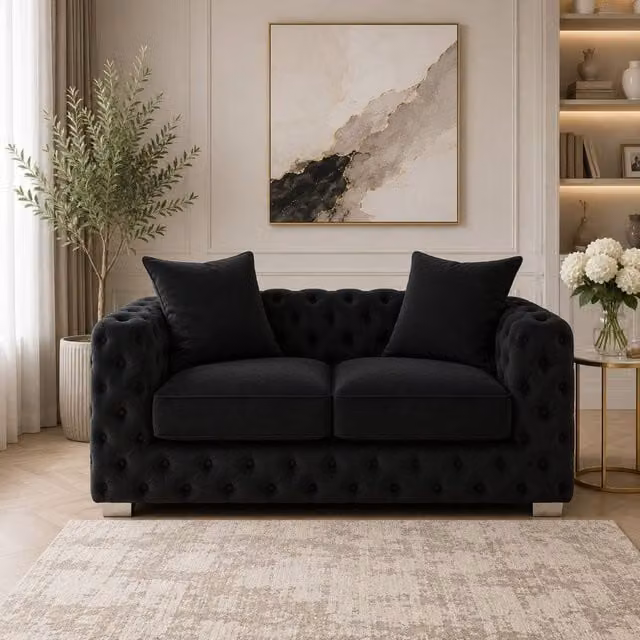 Stratus Interiors Ashley Chesterfield 2 Seater Scatter Back Upholstered Velvet Sofa in Black (W: 177.8 cm, H: 76.0 cm, D: 67.0 cm) – 1