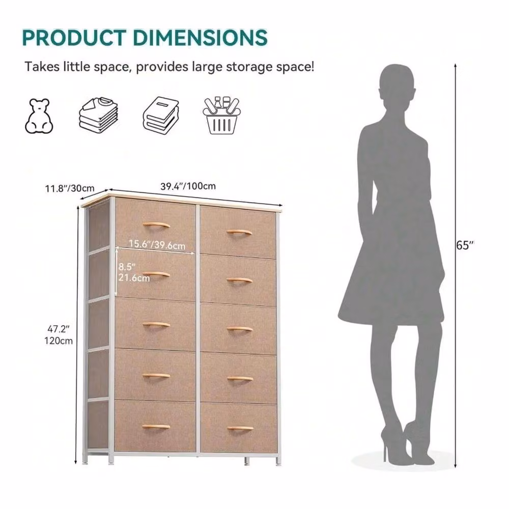 VOGREX 10 Drawer Bedroom Storage Chest with Steel Frame in Khaki – 2