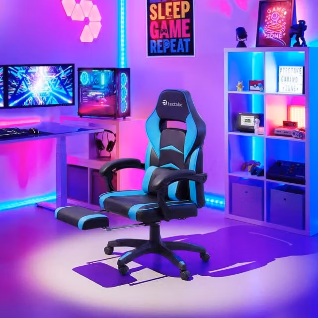 tectake Comodo Gaming Chair in Black and Blue with Synthetic Leather, Headrest and Foot Ring