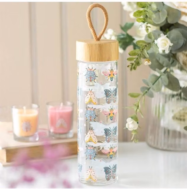 KDMD Floral Bug Glass Water Bottle with Bamboo Lid, 650ml, Transparent – 1