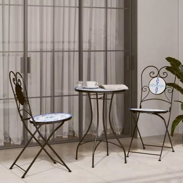 Berkfield Home Mosaic Bistro Table in Blue and White Ceramic with Powder Coated Steel, W: 50 cm, D: 70 cm – 1