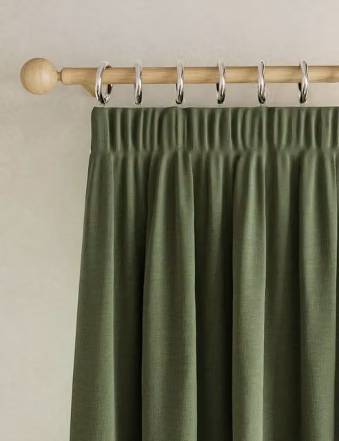 M&S Brushed Pencil Pleat Blackout Thermal Curtains, Green, Width: 229 cm, Height: 117 cm
