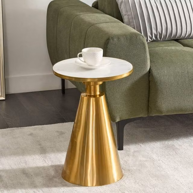 Wyld and Coco Round Side Table with White Marble Top and Matte Gold Metal Base, Diameter: 35 cm
