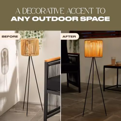 OHS Rattan Solar Floor Lamp in Natural Wood and Black with Dusk Sensor for Garden, Balcony and Terrace – 2