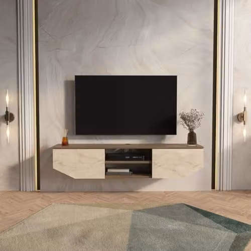 Decorotika Hera Floating TV Stand in Walnut and Travertine, W: 150 cm, H: 32 cm, D: 29.5 cm