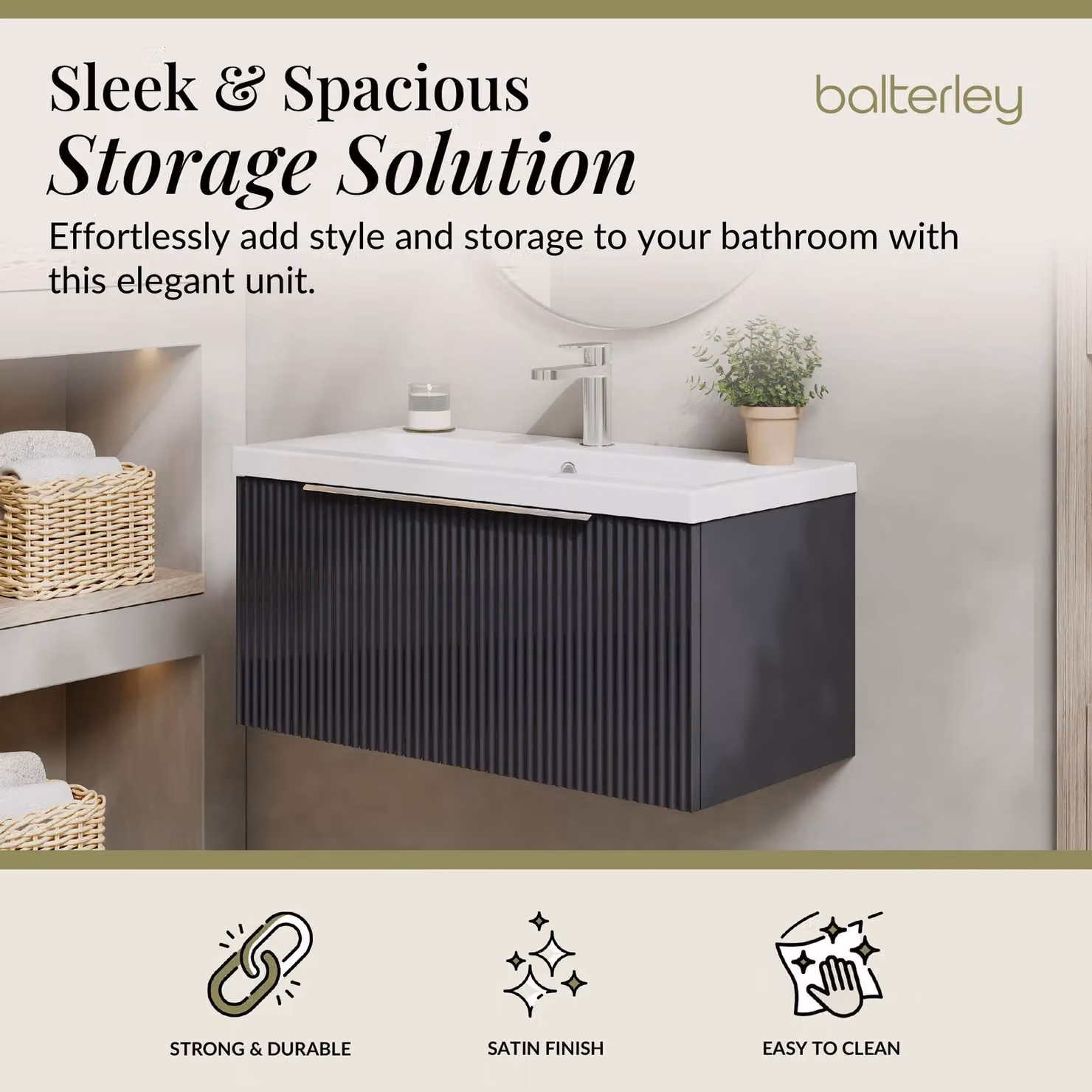 Balterley Fluted Wall Hung 1 Drawer Vanity Basin Unit and Basin, Dark Grey, Width: 80 cm – 2