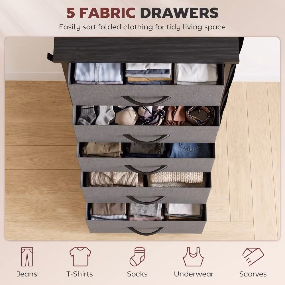 HOMCOM 5 Drawer Fabric Chest of Drawers in Charcoal Grey – 4