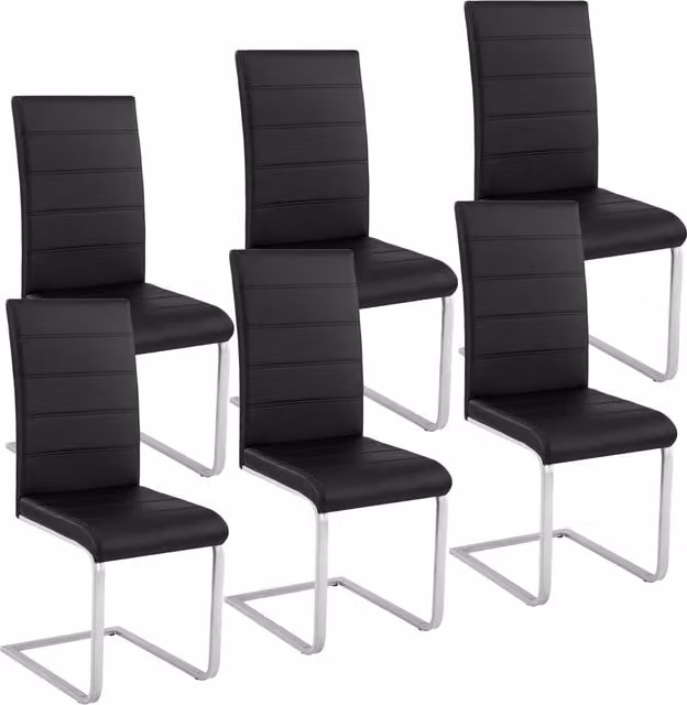 tectake Set of 6 Modern Cantilevered Dining Chairs in Black Synthetic Leather and Metal