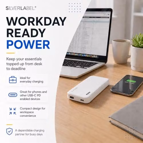 SilverLabel 10,000mAh Portable Power Bank in White with USB Output – 2