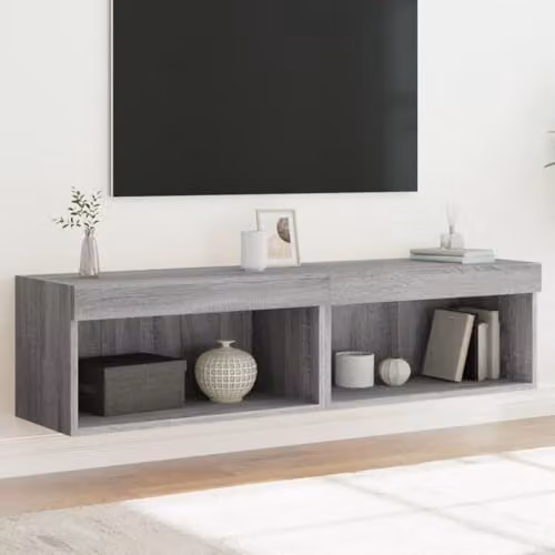 vidaXL Set of 2 Modern Wall-Mounted Floating TV Cabinets with Integrated LED Lights in Grey Sonoma Wood, W/D/H: 120 x 40 x 30 cm and 60 x 30 x 30 cm – 2