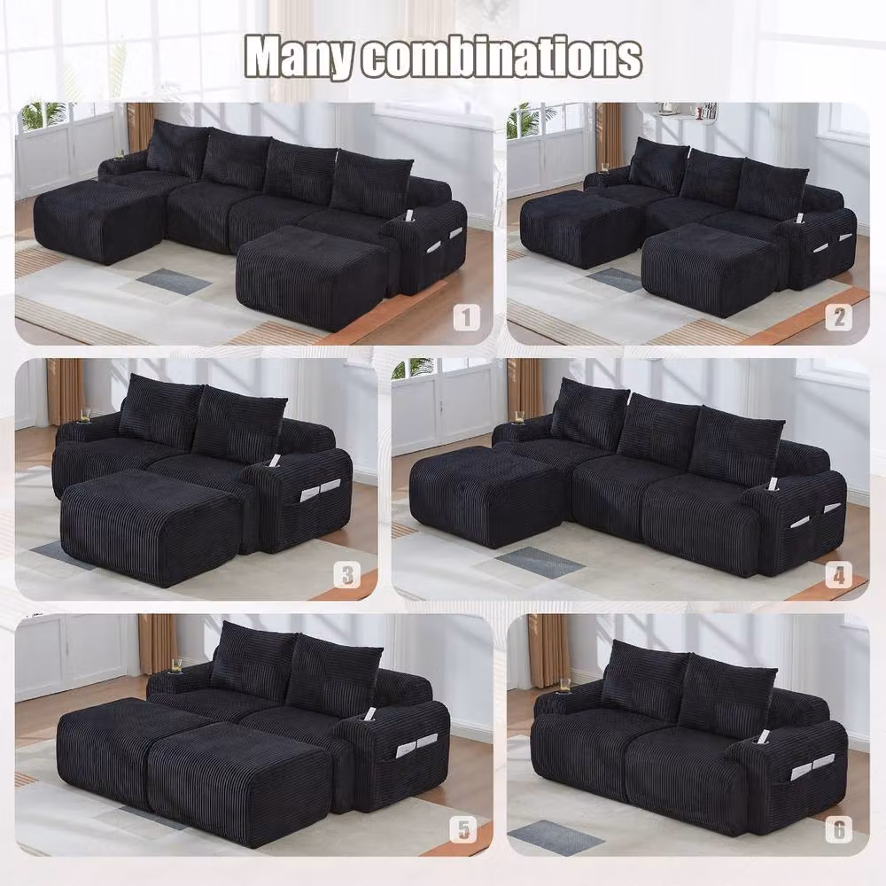 Rolipo 4-Seater Black Corduroy Modular U-Shape Sofa with Matching Ottomans and Cup Holders – 4