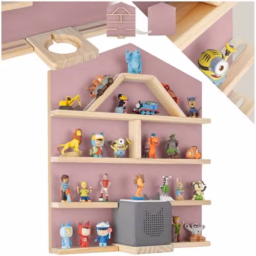 tectake 12 Floating Wooden Wall Shelves for Tonies in Pink House Design with Magnetic Strips and Rounded Corners for Children's Bedroom or Playroom