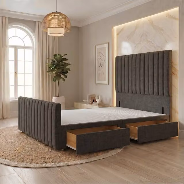 Somnior Eleanor Linen Divan Base with 2 Drawers, 54 inch Headboard and 22 inch Footboard, Grey, W/D/H: 140 x 200 x 55.88 cm