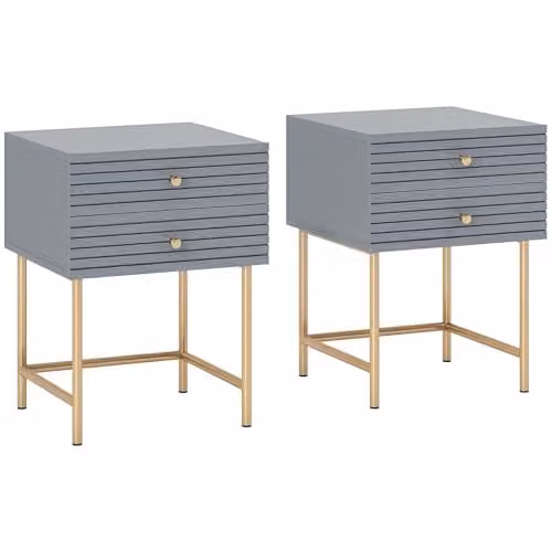 HOMCOM Set of 2 Modern Grey Bedside Tables with 2 Drawers and Gold Steel Legs – 1