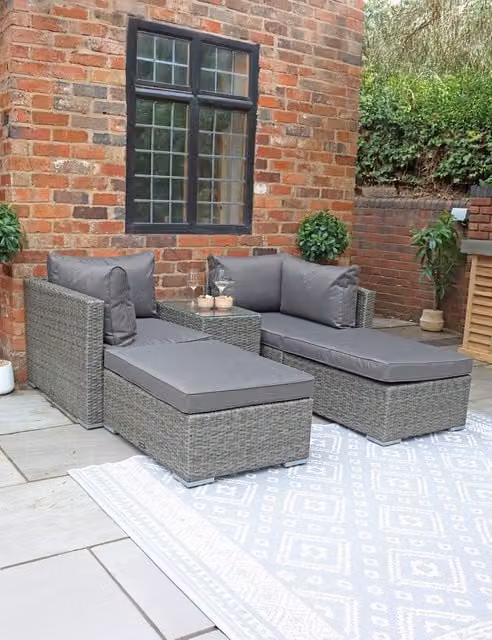Royalcraft Paris 4 Seater Grey Upholstered L-Shape Lounge Set with Powder Coated Aluminium Frame, Ottoman and Coffee Table