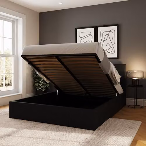 GFW Modern Upholstered Fabric Ottoman Bed Frame with Lift Up Base in Black or Grey, W/D/H: 151.0 x 140 x 200.98 cm – 3