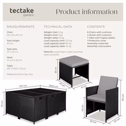tectake Modern Rattan Garden Furniture Set with Glass Top in Black and Grey – 6