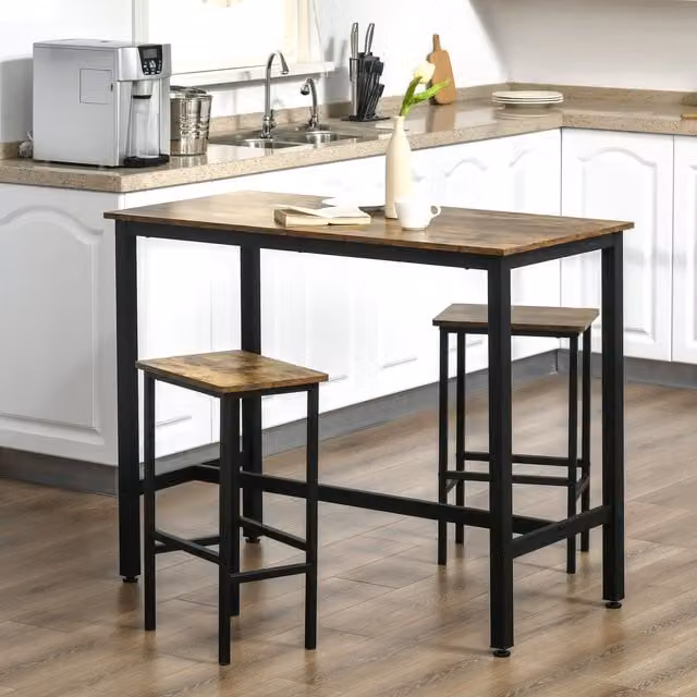 HOMCOM 3 Piece Industrial Breakfast Bar Table Set with 2 Stools in Brown