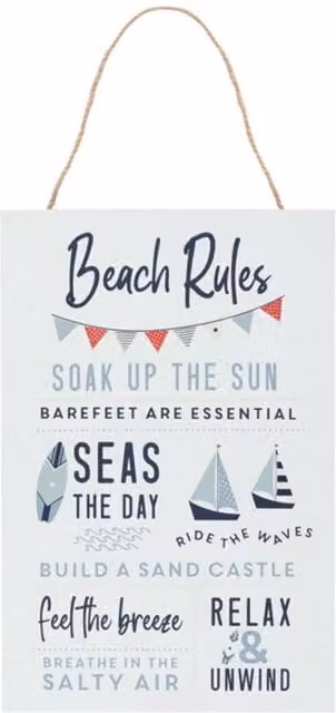 KDMK Beach Rules Hanging Sign in Grey and White with Maritime Typography