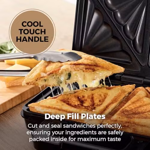 Tower Deep Filled Sandwich Maker with Non-Stick Coated Plates and Auto Shut-Off, 900W, Gold or Black – 5