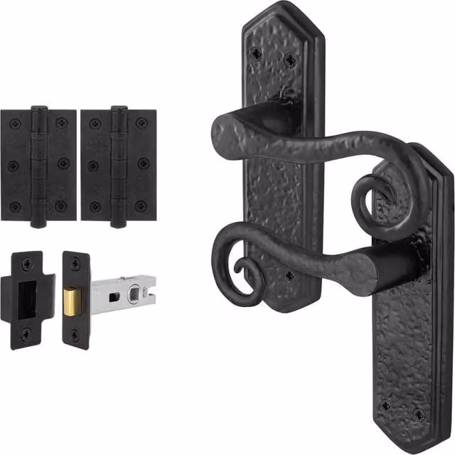AFIT Black Antique Cast Iron Curly Tail Door Handles and Latch Hinges, 1 Pair, W/H: 15 x 15 cm
