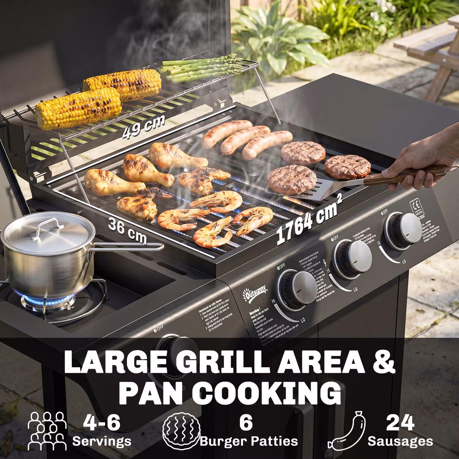Outsunny Gas BBQ Grill with 3+1 Burners, Side Burner, Warming Rack and Side Shelves, Black, W/D/H: 110 x 50 x 100 cm – 5
