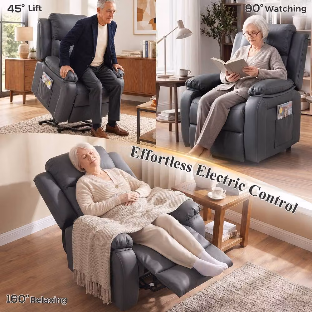 HOMCOM Power Lift Recliner Chair with Remote, Dark Grey Synthetic Leather – 4