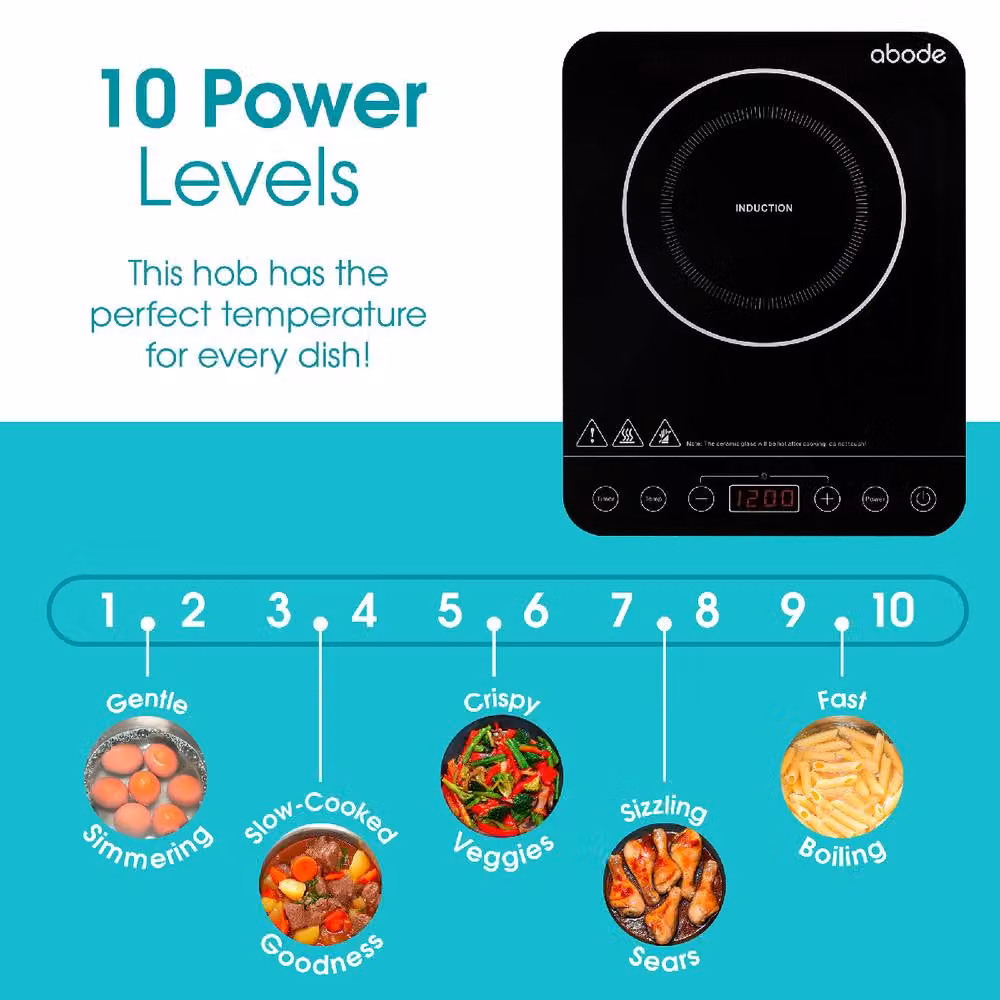 Abode AINDH1002 Portable Single Induction Hob in Black with Digital Touch Control, 2000W, 10 Heat Settings and Timer – 8