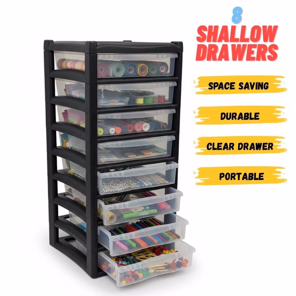 FORGEVIO 8 Tier Shallow Plastic Chest in Black and Transparent, Width: 50 cm – 5